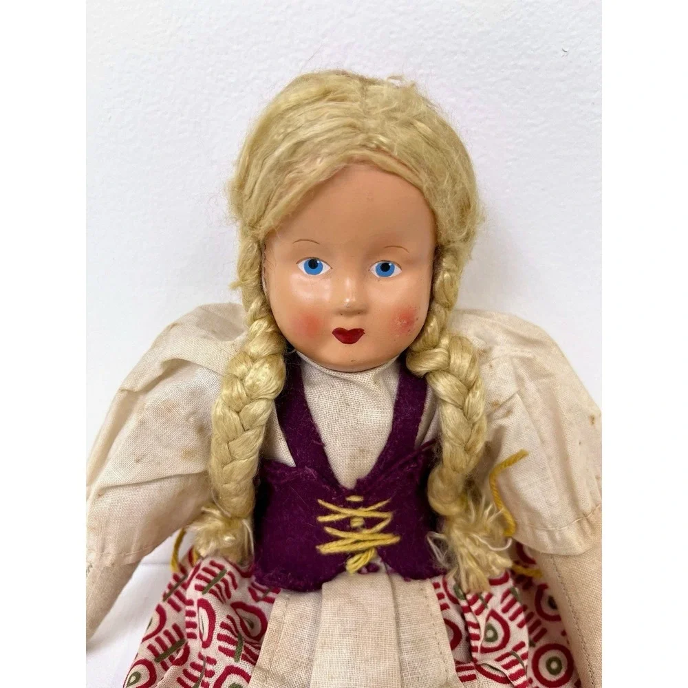 Vtg Antique Polish Cloth Doll Stamped Poland Composition Face Folk Art 1930s